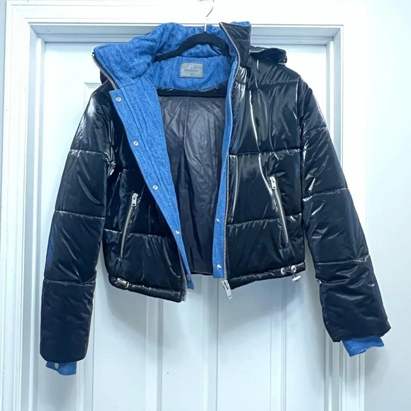 Blue Revival In The Mix Denim Black Puffer Jacket Size m - Picture 8 of 8
